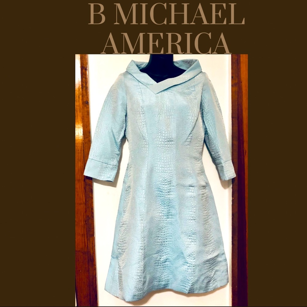 B Michael America RED Collection Teal Jacquard Embossed Knee-Length Dres…